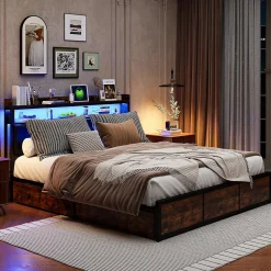 Simple Life Lit 180x200 cm avec sommier à lattes, LED, 4 tiroirs, Adolescents, sans matelas