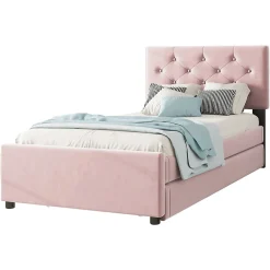 Redom Lit 90x200 cm avec sommier à lattes et tiroir roulant, tête de lit capitonnée à boutons, tapissé velours rose
