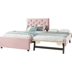 Redom Lit 90x200 cm avec sommier à lattes et tiroir roulant, tête de lit capitonnée à boutons, tapissé velours rose