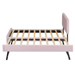 Redom Lit 90x200 cm avec sommier à lattes et tiroir roulant, tête de lit capitonnée à boutons, tapissé velours rose