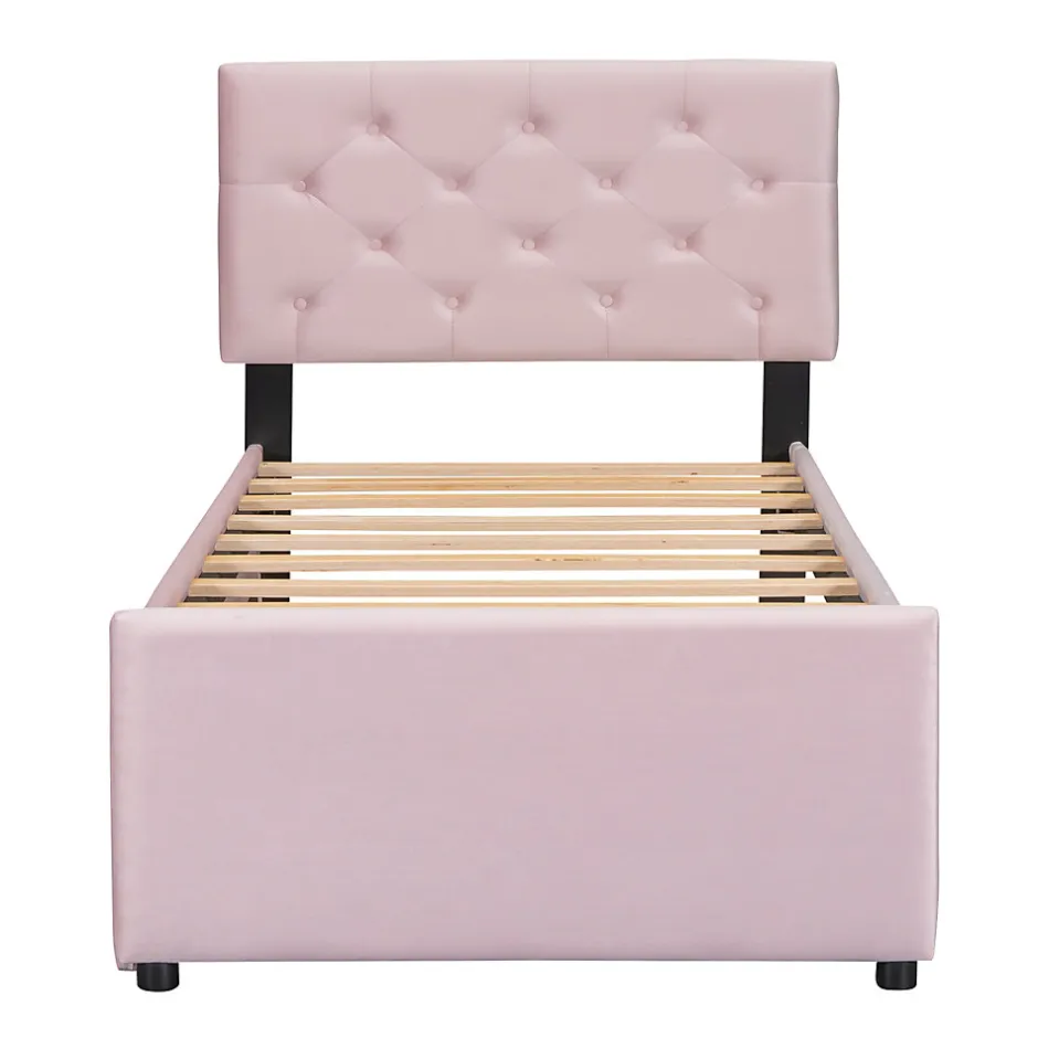 Redom Lit 90x200 cm avec sommier à lattes et tiroir roulant, tête de lit capitonnée à boutons, tapissé velours rose
