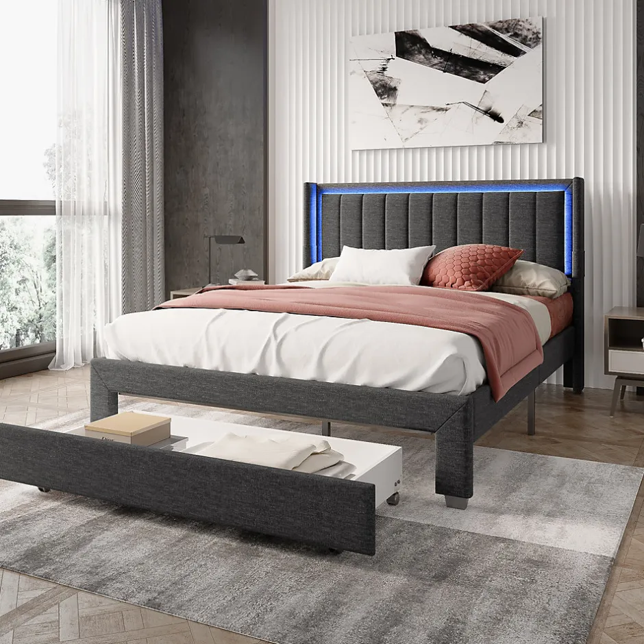Simple Life Lit 160x200 cm avec sommier à Lattes et tiroir, Lit rembourré avec USB et LED, Gris