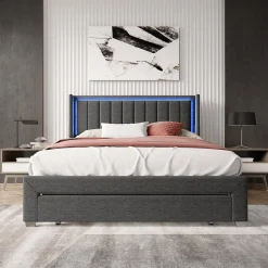 Simple Life Lit 160x200 cm avec sommier à Lattes et tiroir, Lit rembourré avec USB et LED, Gris