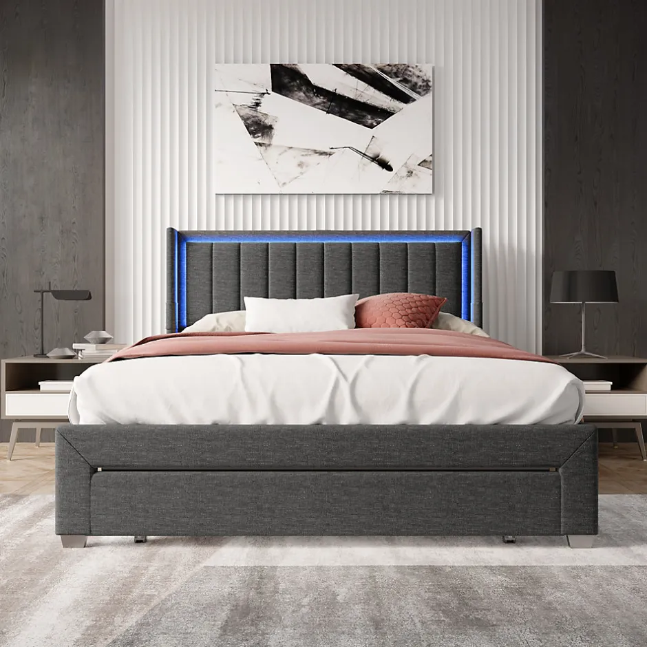 Simple Life Lit 160x200 cm avec sommier à Lattes et tiroir, Lit rembourré avec USB et LED, Gris