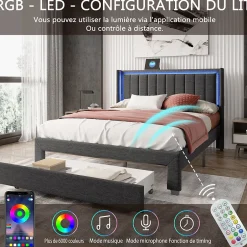 Simple Life Lit 160x200 cm avec sommier à Lattes et tiroir, Lit rembourré avec USB et LED, Gris