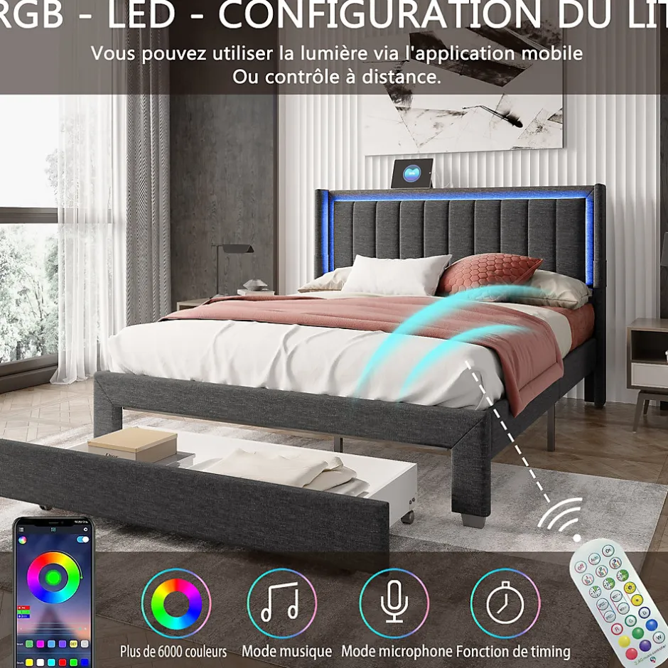 Simple Life Lit 160x200 cm avec sommier à Lattes et tiroir, Lit rembourré avec USB et LED, Gris