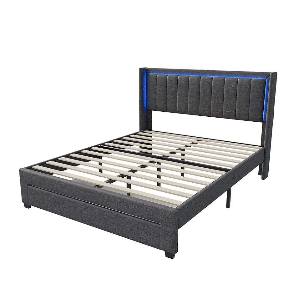 Simple Life Lit 160x200 cm avec sommier à Lattes et tiroir, Lit rembourré avec USB et LED, Gris