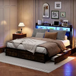 Fortuna lai Lit 160x200 cm avec sommier à lattes, LED, 4 tiroirs, Adolescents, sans matelas Discount