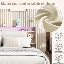 Simple Life Lit 160x200 cm avec sommier à lattes, rangement LED, tête de lit 3 compartiments, polyuréthane blanc, fonction lift hydraulique.