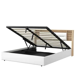 Simple Life Lit 160x200 cm avec sommier à lattes, rangement LED, tête de lit 3 compartiments, polyuréthane blanc, fonction lift hydraulique.