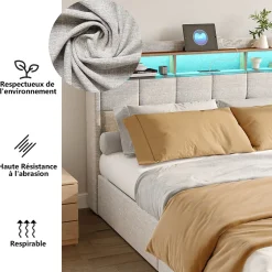 Simple Life Lit 140x190 cm avec sommier éclairage LED et USB, 4 tiroirs et tête de lit de Rangement, Lin, Beige Discount