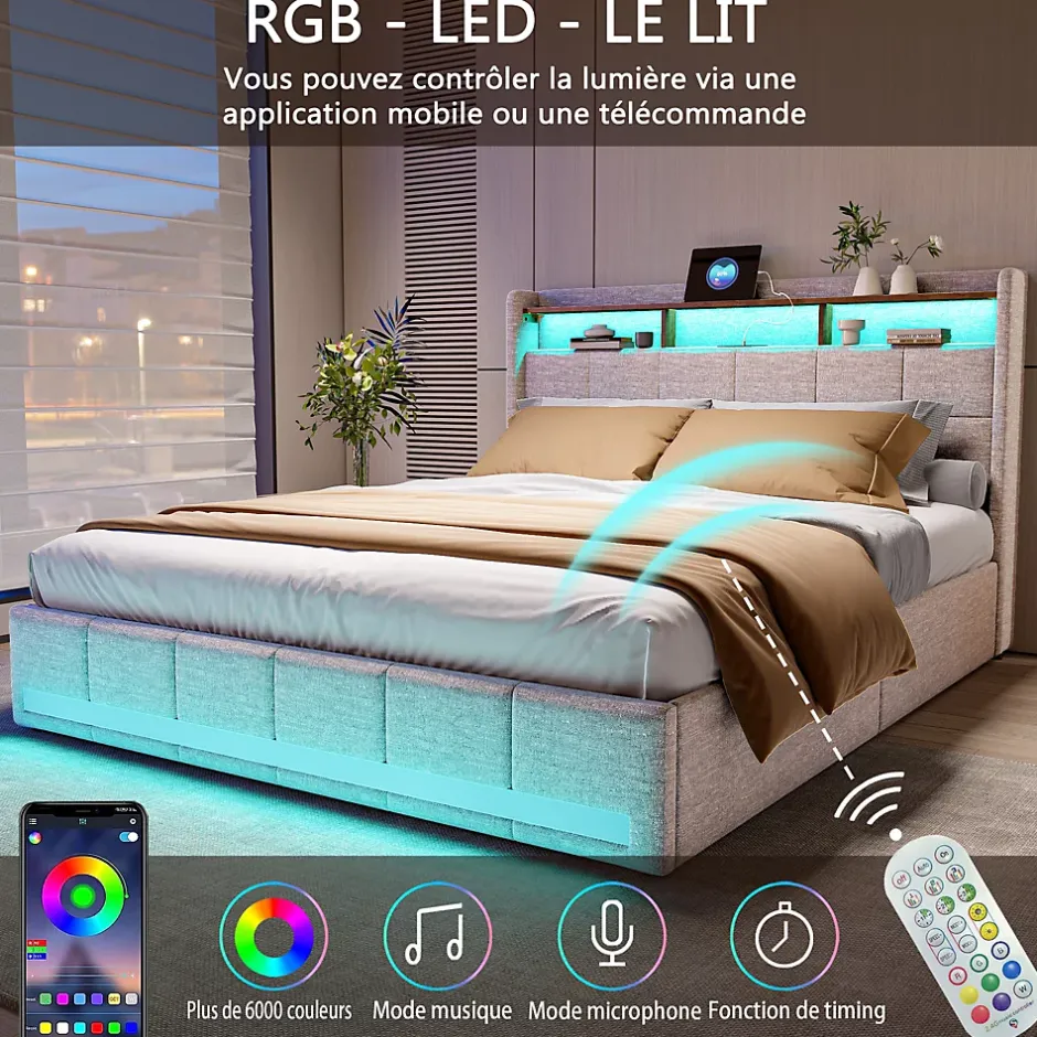 Simple Life Lit 140x190 cm avec sommier éclairage LED et USB, 4 tiroirs et tête de lit de Rangement, Lin, Beige Discount