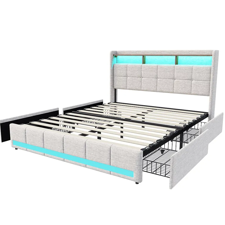 Simple Life Lit 140x190 cm avec sommier éclairage LED et USB, 4 tiroirs et tête de lit de Rangement, Lin, Beige Discount