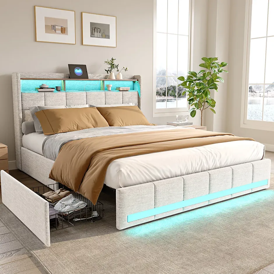 Simple Life Lit 140x190 cm avec sommier éclairage LED et USB, 4 tiroirs et tête de lit de Rangement, Lin, Beige Discount