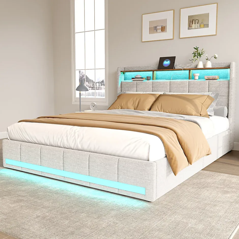 Simple Life Lit 140x190 cm avec sommier éclairage LED et USB, 4 tiroirs et tête de lit de Rangement, Lin, Beige Discount