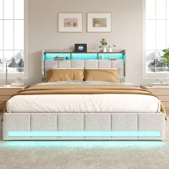 Simple Life Lit 140x190 cm avec sommier éclairage LED et USB, 4 tiroirs et tête de lit de Rangement, Lin, Beige Discount