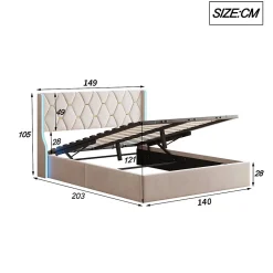 Simple Life Lit 140x190 cm avec Sommier et LED, Lit Coffre 140x190 sommier à Lattes, Velours, Beige