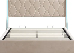 Simple Life Lit 140x190 cm avec Sommier et LED, Lit Coffre 140x190 sommier à Lattes, Velours, Beige