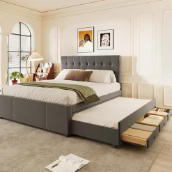 Redom Lit 140x200 cm avec sommier gigogne et 3 tiroirs, tête de lit réglable, tapissé lin gris, cadre bois robuste