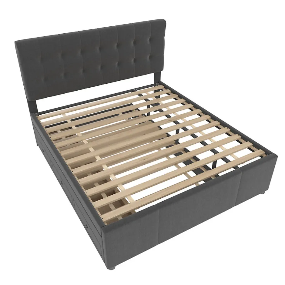 Redom Lit 140x200 cm avec sommier gigogne et 3 tiroirs, tête de lit réglable, tapissé lin gris, cadre bois robuste