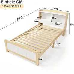 Redom Lit 90x200 cm avec tete de rangement integree, sommier a lattes, bois massif et MDF, finitions naturel blanc, pied bas 48 cm Clearance