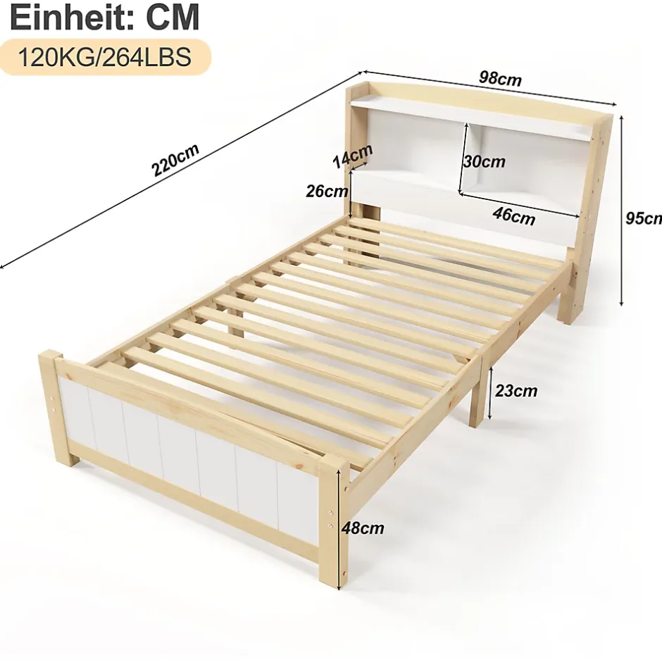Redom Lit 90x200 cm avec tete de rangement integree, sommier a lattes, bois massif et MDF, finitions naturel blanc, pied bas 48 cm Clearance