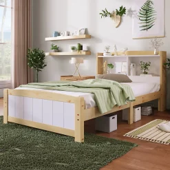 Redom Lit 90x200 cm avec tete de rangement integree, sommier a lattes, bois massif et MDF, finitions naturel blanc, pied bas 48 cm Clearance