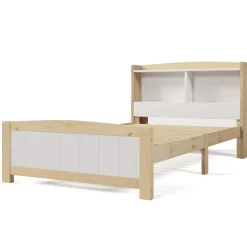 Redom Lit 90x200 cm avec tete de rangement integree, sommier a lattes, bois massif et MDF, finitions naturel blanc, pied bas 48 cm Clearance