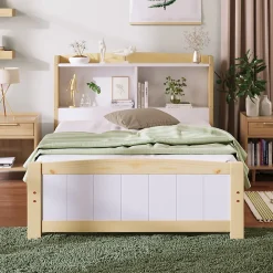 Redom Lit 90x200 cm avec tete de rangement integree, sommier a lattes, bois massif et MDF, finitions naturel blanc, pied bas 48 cm Clearance