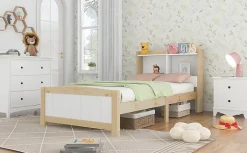 Redom Lit 90x200 cm avec tete de rangement integree, sommier a lattes, bois massif et MDF, finitions naturel blanc, pied bas 48 cm Clearance