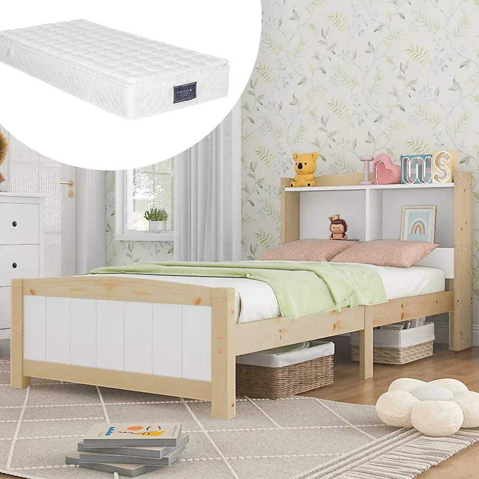 Redom Lit 90x200 cm avec tete de rangement integree, sommier a lattes, bois massif et MDF, finitions naturel blanc, pied bas 48 cm Clearance