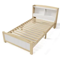 Redom Lit 90x200 cm avec tete de rangement integree, sommier a lattes, bois massif et MDF, finitions naturel blanc, pied bas 48 cm Clearance