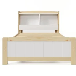 Redom Lit 90x200 cm avec tete de rangement integree, sommier a lattes, bois massif et MDF, finitions naturel blanc, pied bas 48 cm Clearance