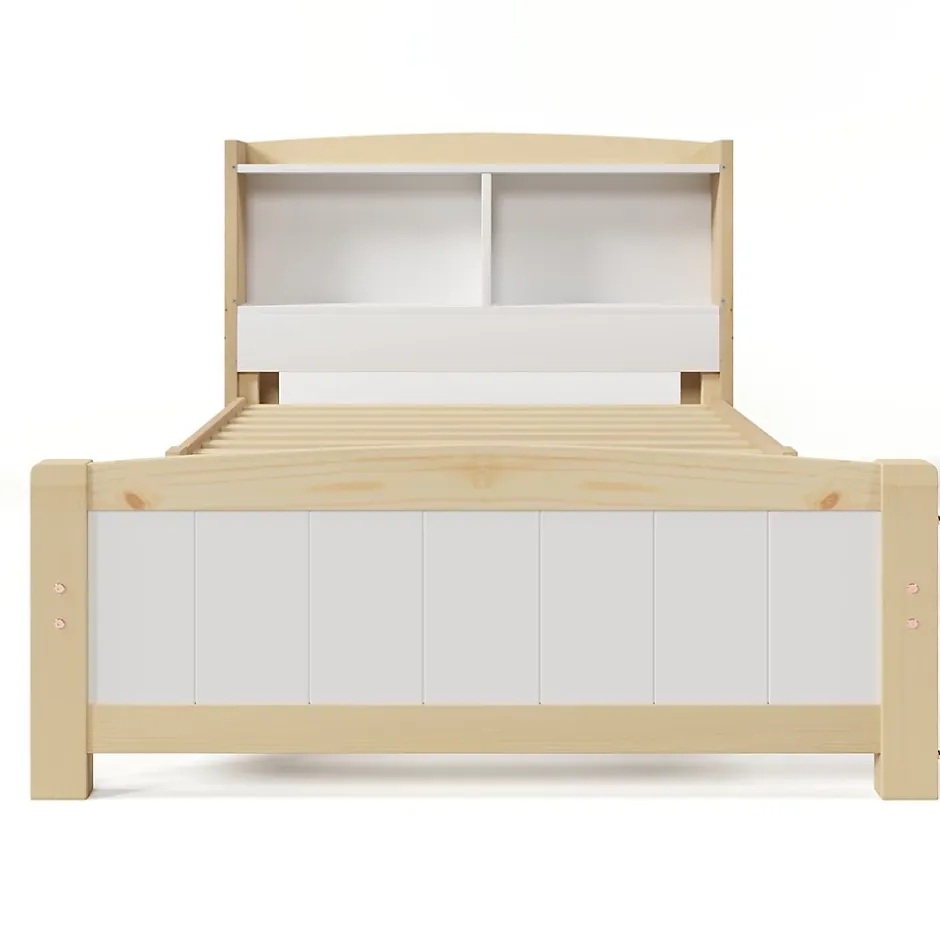 Redom Lit 90x200 cm avec tete de rangement integree, sommier a lattes, bois massif et MDF, finitions naturel blanc, pied bas 48 cm Clearance