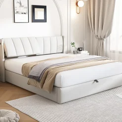 Redom Lit 140x200 cm avec tete reglable 0deg 30deg et eclairage LED dimmable, port USB et revetement PU blanc Outlet