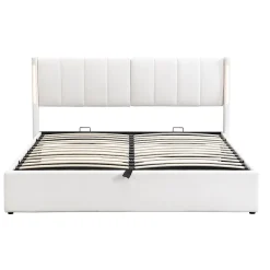 Redom Lit 140x200 cm avec tete reglable 0deg 30deg et eclairage LED dimmable, port USB et revetement PU blanc Outlet