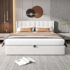 Redom Lit 140x200 cm avec tete reglable 0deg 30deg et eclairage LED dimmable, port USB et revetement PU blanc Outlet