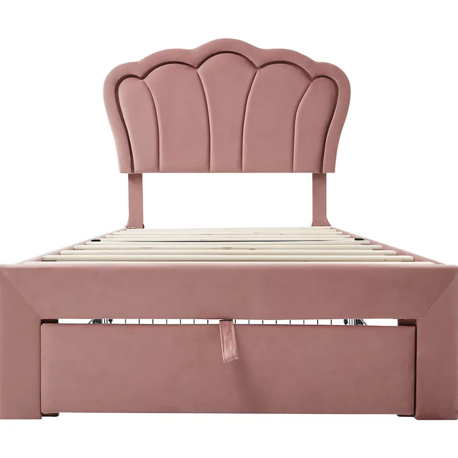 Redom Lit 90x190 cm avec tiroir de rangement, tête de lit velours réglable à motifs floraux et éclairage LED RGB