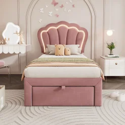 Redom Lit 90x190 cm avec tiroir de rangement, tête de lit velours réglable à motifs floraux et éclairage LED RGB