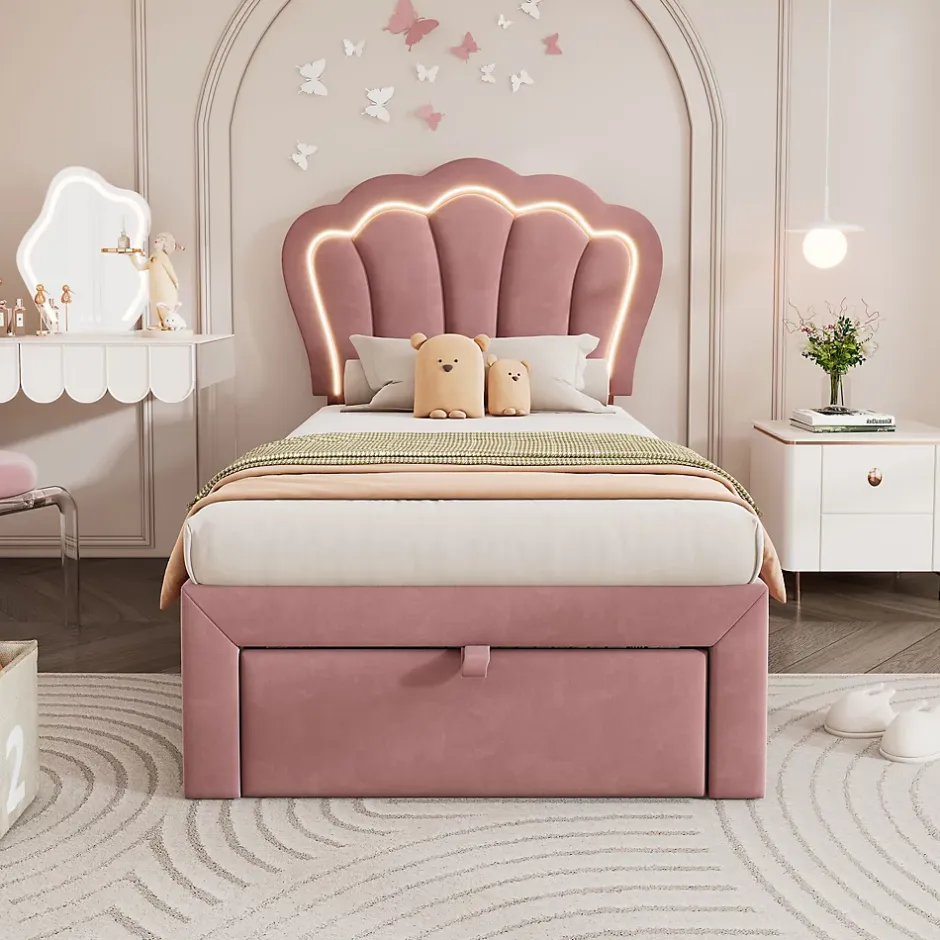 Redom Lit 90x190 cm avec tiroir de rangement, tête de lit velours réglable à motifs floraux et éclairage LED RGB