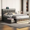Simple Life Lit 140x200 cm avec tiroirs, capitonné, rangement, LED, 2 chargeurs USB, sommier à lattes, gris. Best