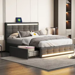 Simple Life Lit 140x200 cm avec tiroirs, capitonné, rangement, LED, 2 chargeurs USB, sommier à lattes, gris. Best