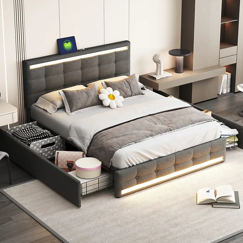 Simple Life Lit 140x200 cm avec tiroirs, capitonné, rangement, LED, 2 chargeurs USB, sommier à lattes, gris. Best