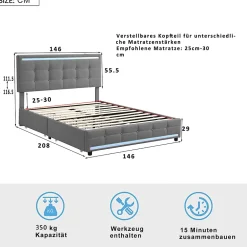 Simple Life Lit 140x200 cm avec tiroirs, capitonné, rangement, LED, 2 chargeurs USB, sommier à lattes, gris. Best