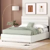 Redom Lit 140x200 cm avec tiroirs de rangement et lit gigogne, tête tapissée lin beige, cadre MDF robuste Best