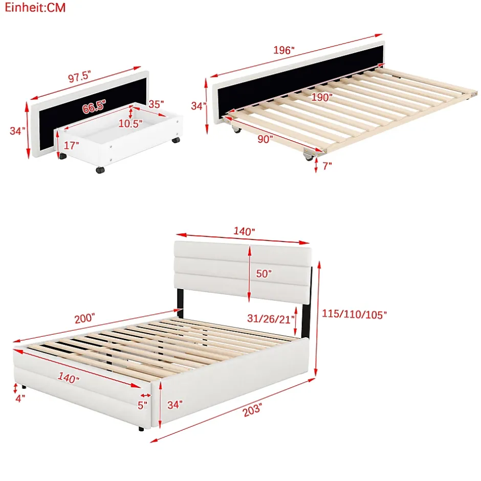 Redom Lit 140x200 cm avec tiroirs de rangement et lit gigogne, tête tapissée lin beige, cadre MDF robuste Best