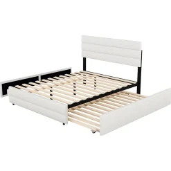 Redom Lit 140x200 cm avec tiroirs de rangement et lit gigogne, tête tapissée lin beige, cadre MDF robuste Best