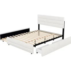 Redom Lit 140x200 cm avec tiroirs de rangement et lit gigogne, tête tapissée lin beige, cadre MDF robuste Best