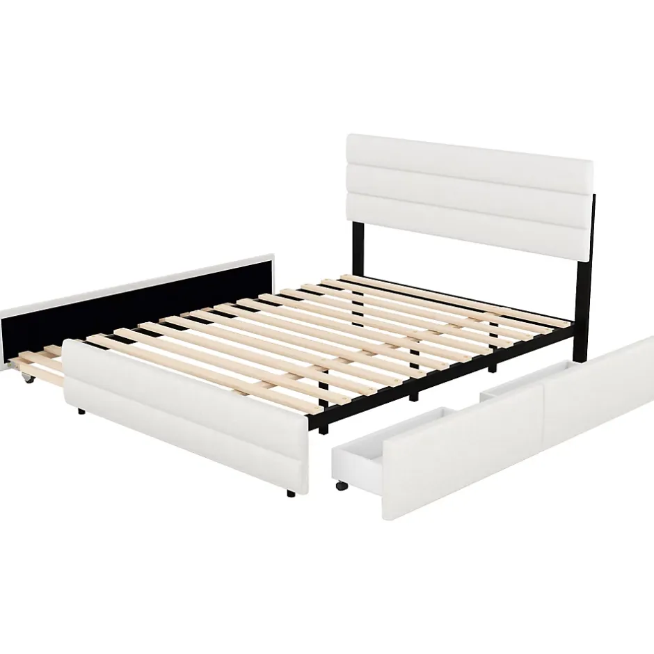 Redom Lit 140x200 cm avec tiroirs de rangement et lit gigogne, tête tapissée lin beige, cadre MDF robuste Best