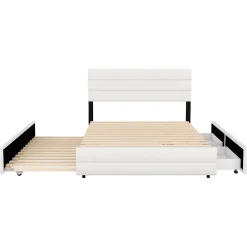 Redom Lit 140x200 cm avec tiroirs de rangement et lit gigogne, tête tapissée lin beige, cadre MDF robuste Best